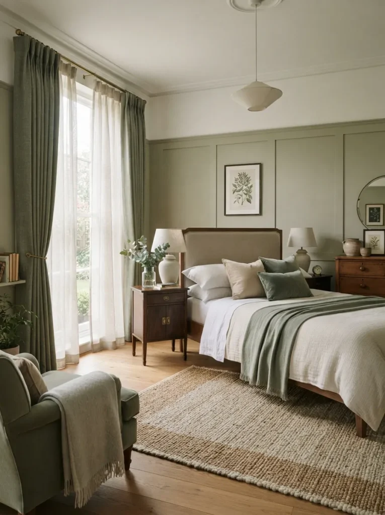 layered window treatments sage green bedroom idea modern