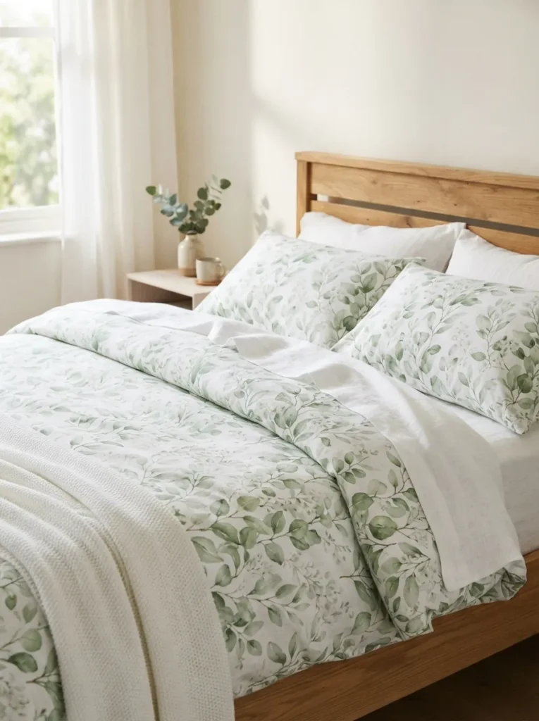 leaf pattern bedding forest bedroom idea 2026