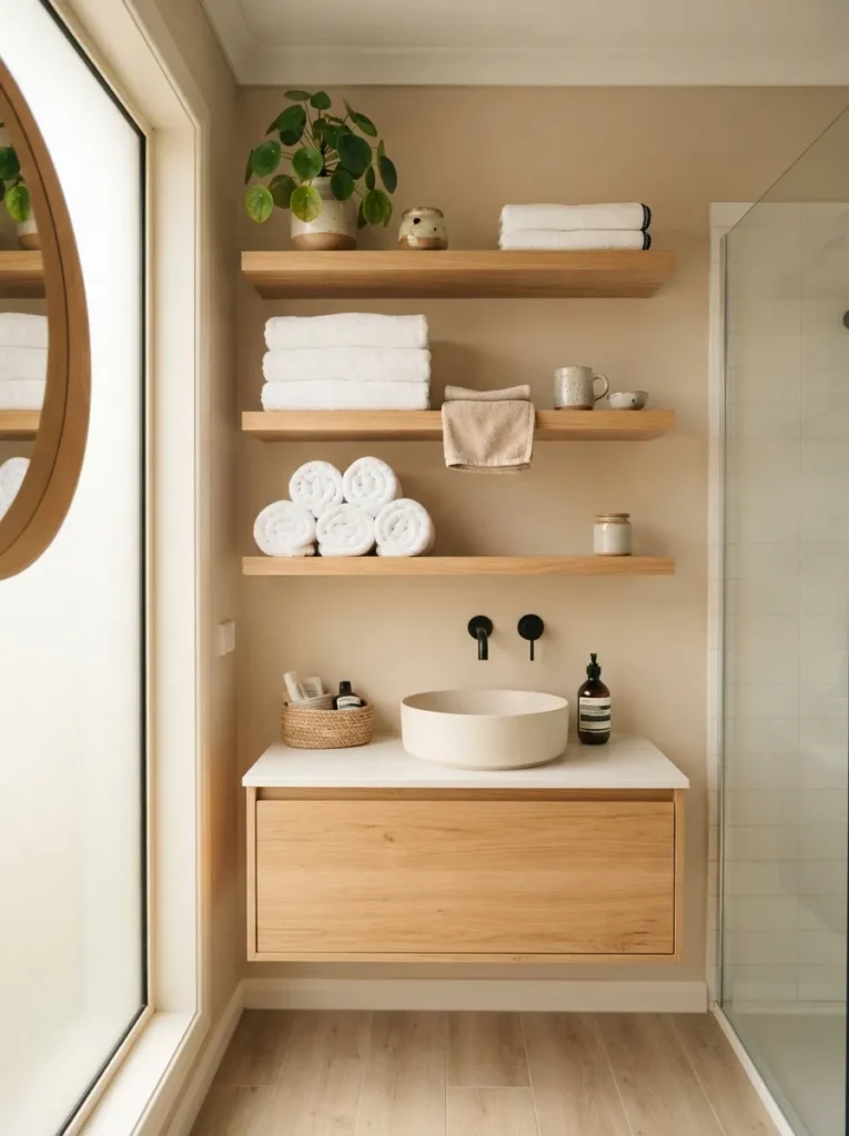 light oak shelving warm neutral bathroom idea modern