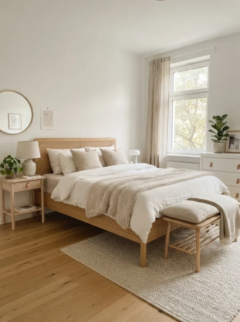 light wood accents apartment bedroom decor idea 2026