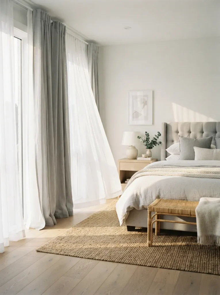 linen curtain layers gray and white bedroom idea modern