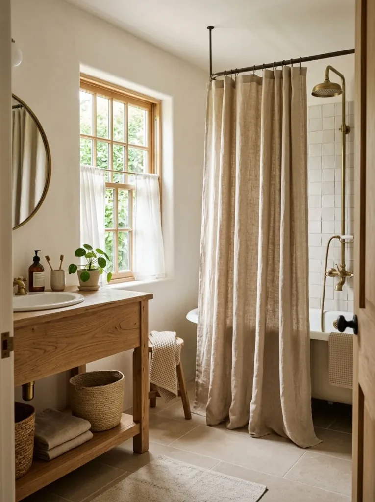 linen shower curtains earth tone bathroom design modern