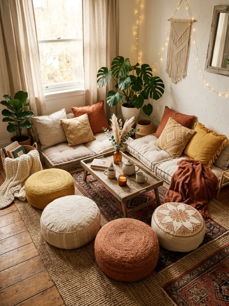 low floor seating boho living room idea modern