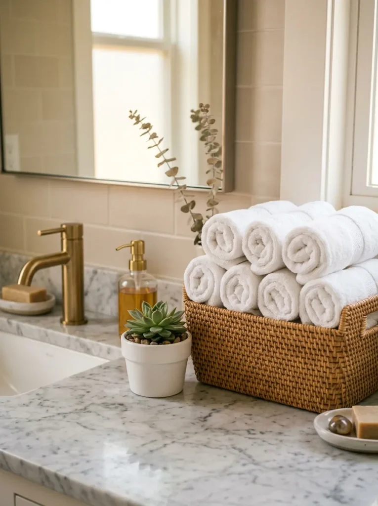 Elegant guest bathroom with neatly arranged rolled hand towels and spa-like feel