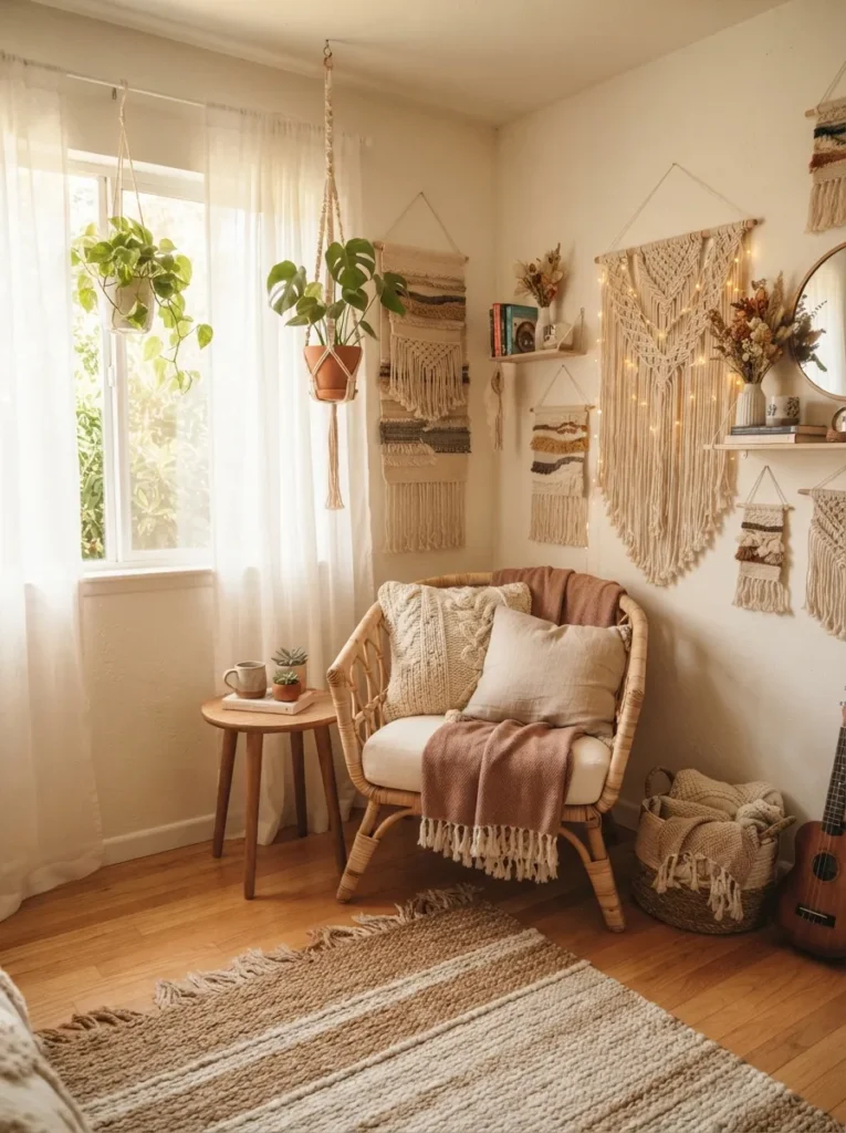 macrame wall corners boho teen bedroom idea 2026