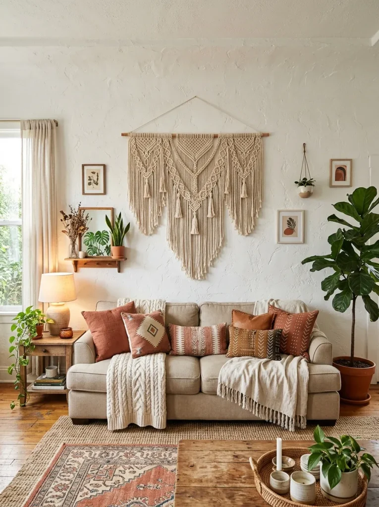 macrame wall decor boho living room idea 2026