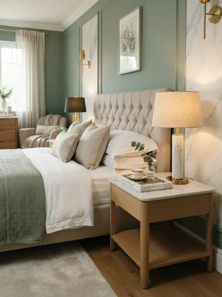 marble accent touches sage green bedroom idea modern