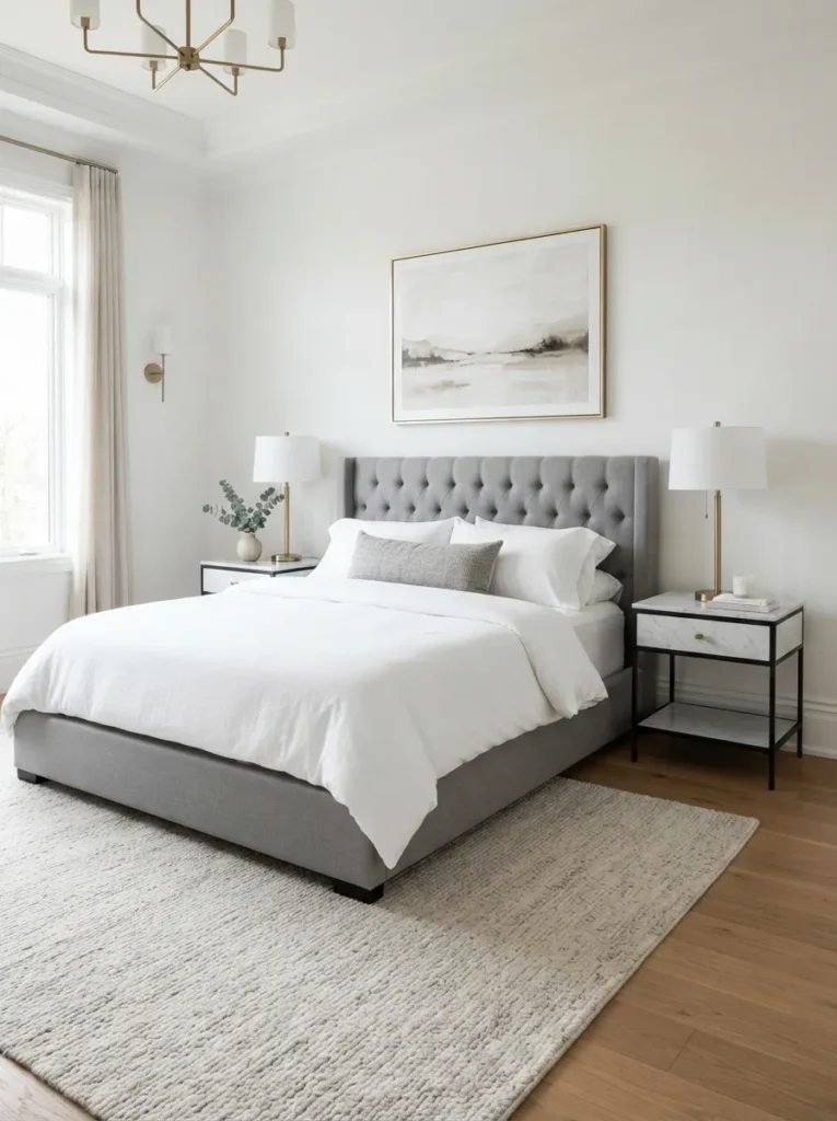 marble nightstands gray and white bedroom idea 2026