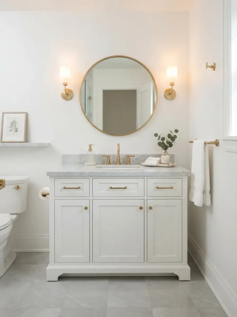 Guest bathroom with matching gold hardware creating cohesive elegant design