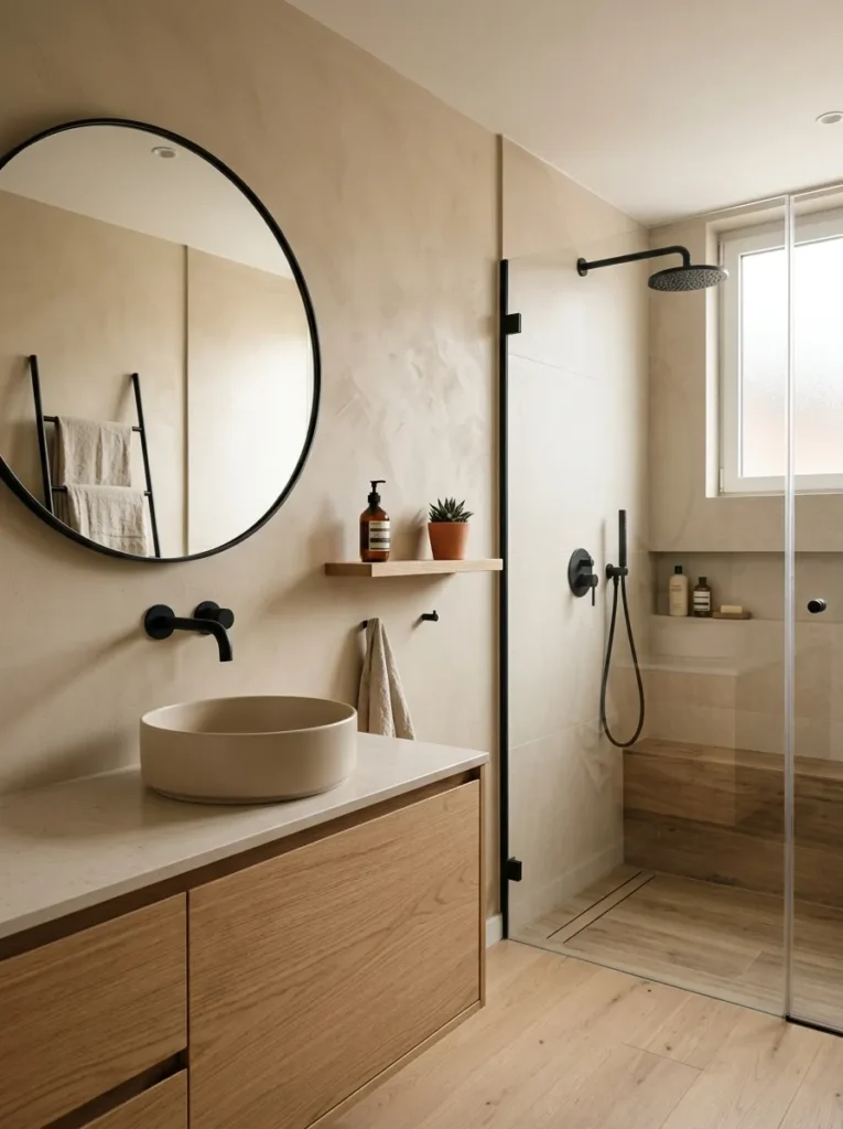 matte black accents earth tone bathroom design 2026