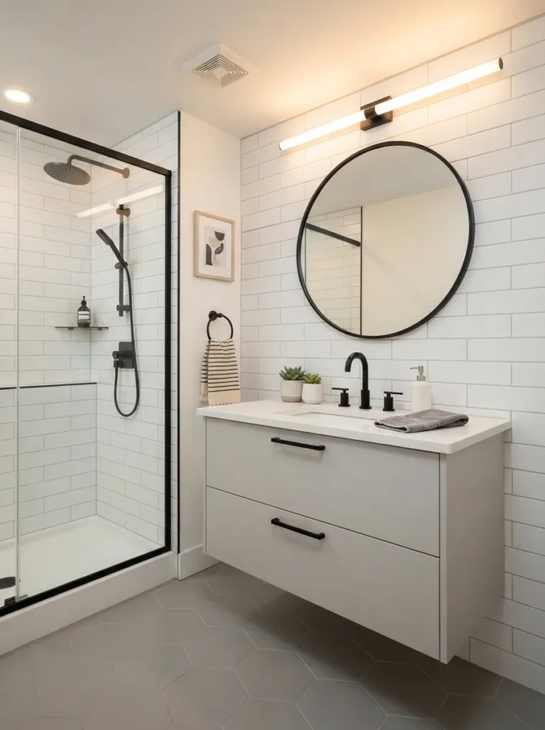 Modern guest bathroom with matte black fixtures and contrasting white surfaces