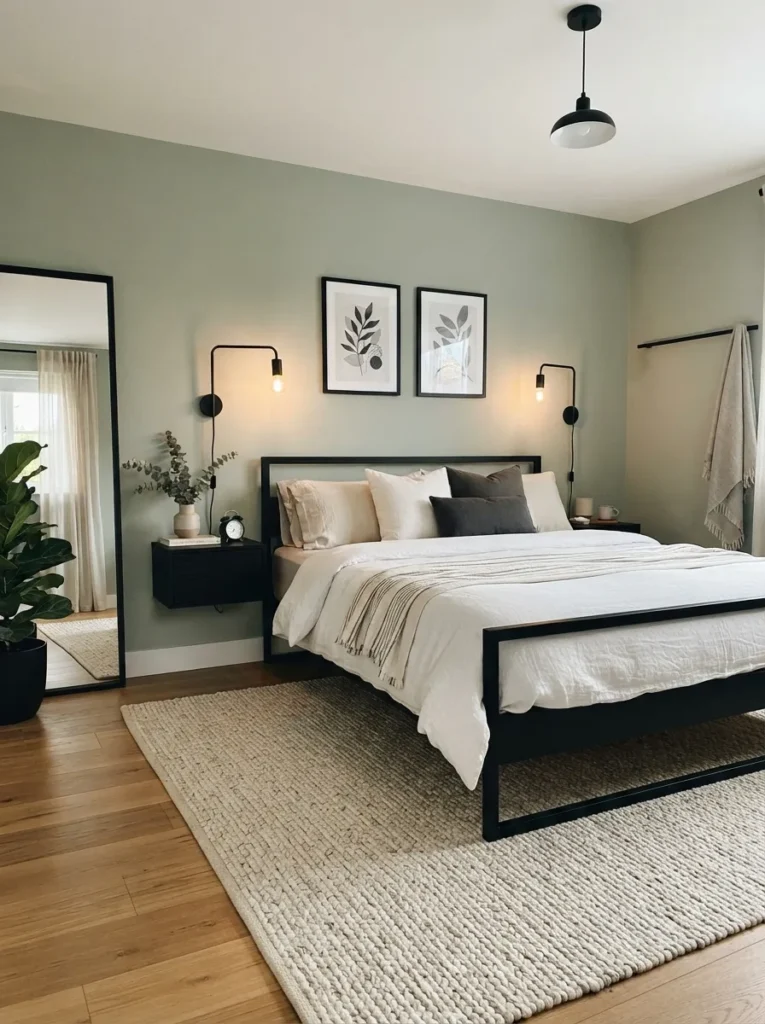 matte black contrast sage green bedroom idea modern