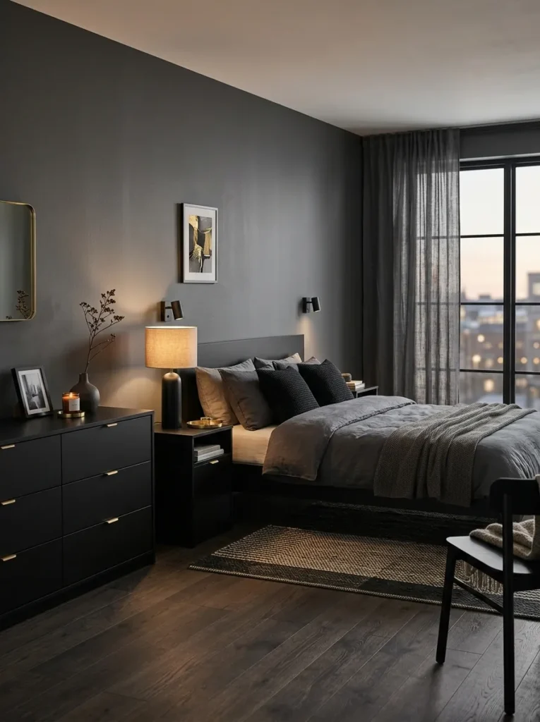 matte black furniture dark feminine bedroom idea 2026