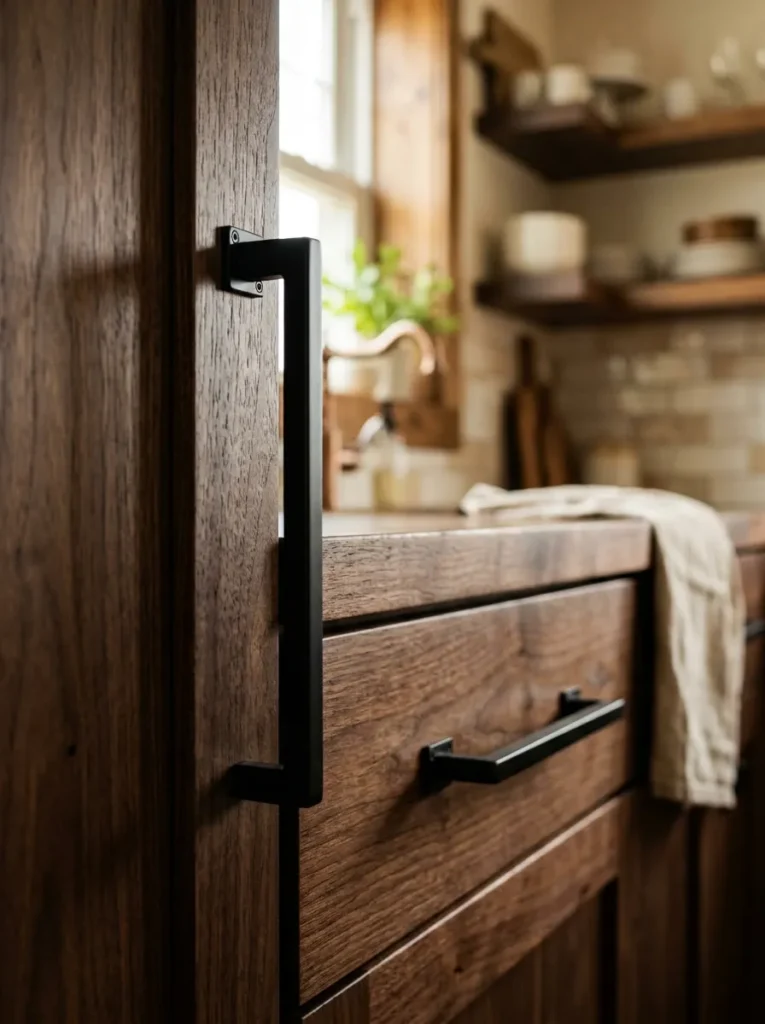 matte black hardware moody farmhouse kitchen idea modern