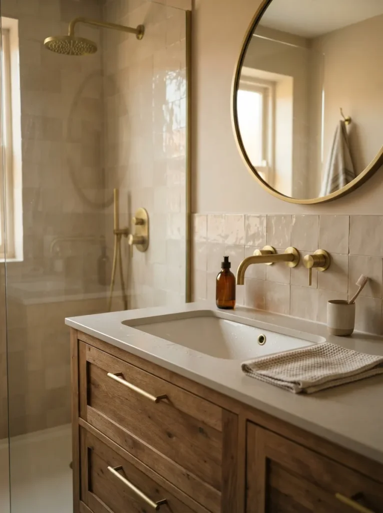 matte brass fixtures warm neutral bathroom idea modern
