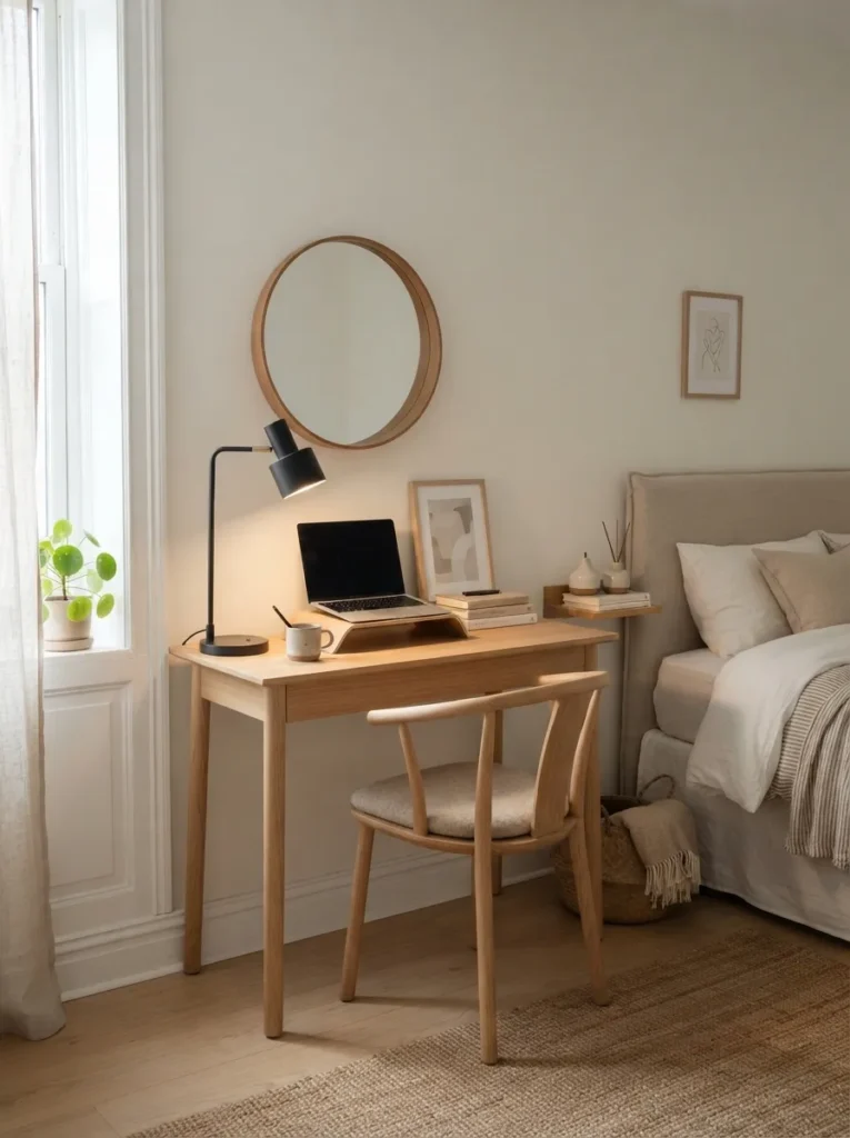 minimal desk corner apartment bedroom decor idea 2026