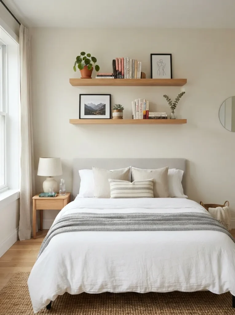 minimal floating shelves apartment bedroom decor idea modern