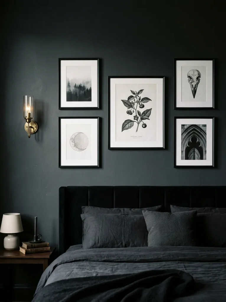 minimal gothic frames dark feminine bedroom idea modern