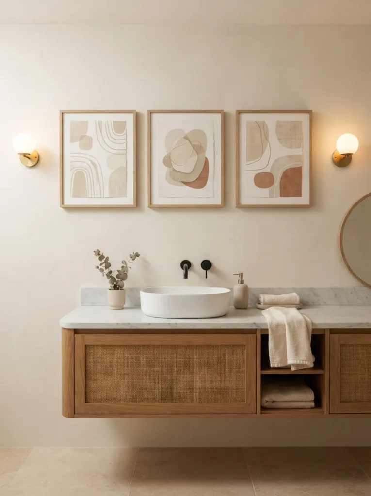 minimal wall art warm neutral bathroom idea modern