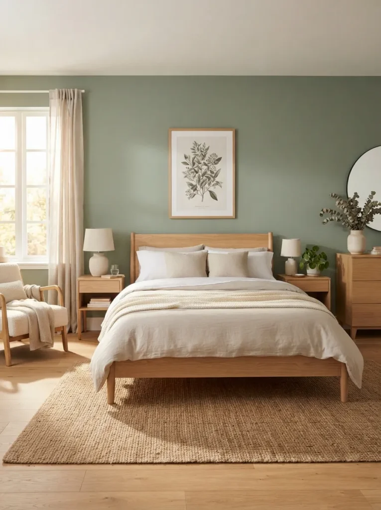 minimal wood furniture sage green bedroom idea modern