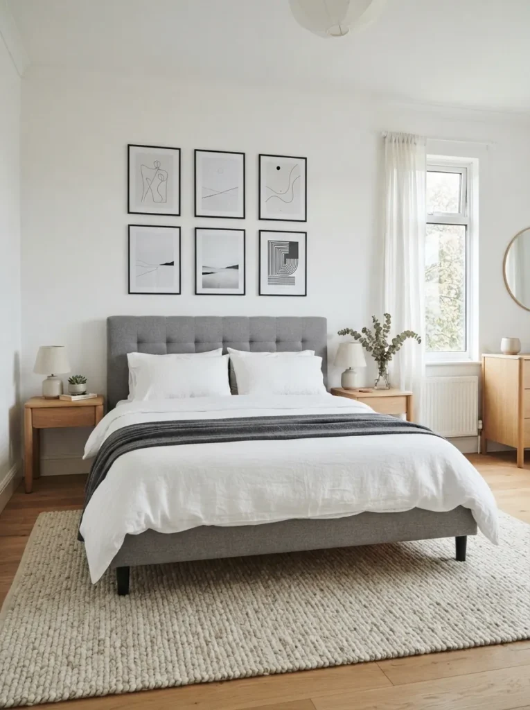 minimalist gallery frames gray and white bedroom idea modern