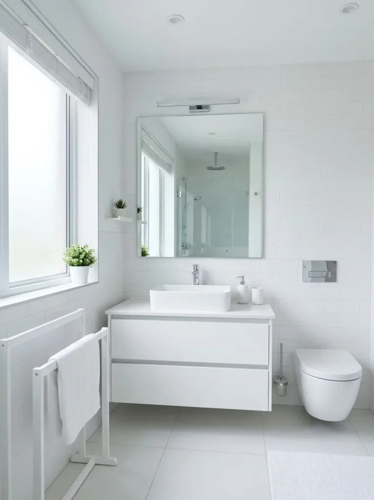 Clean white guest bathroom with simple design and bright natural lighting