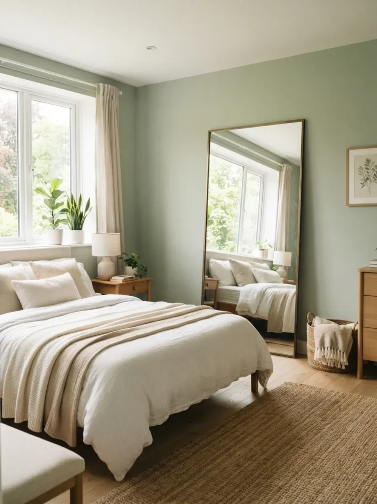 mirror reflection styling sage green bedroom idea 2026
