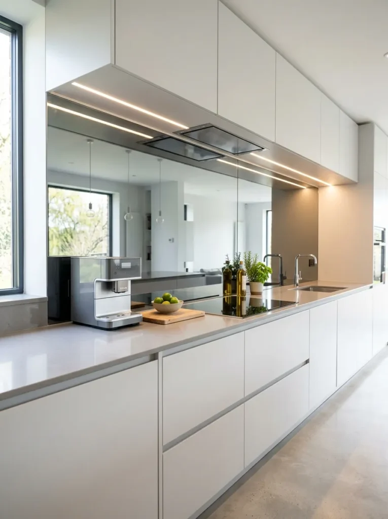 mirrored backsplash small kitchen idea modern