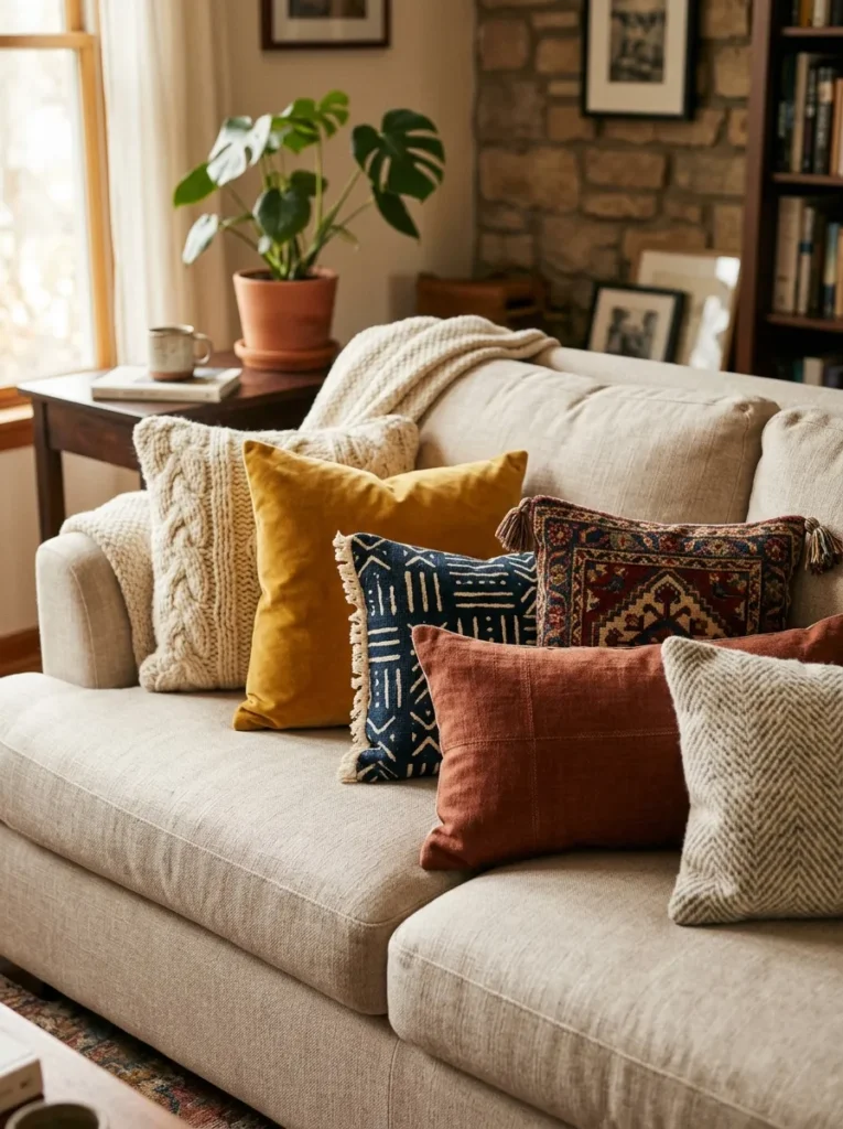 mixed throw pillows boho living room idea modern