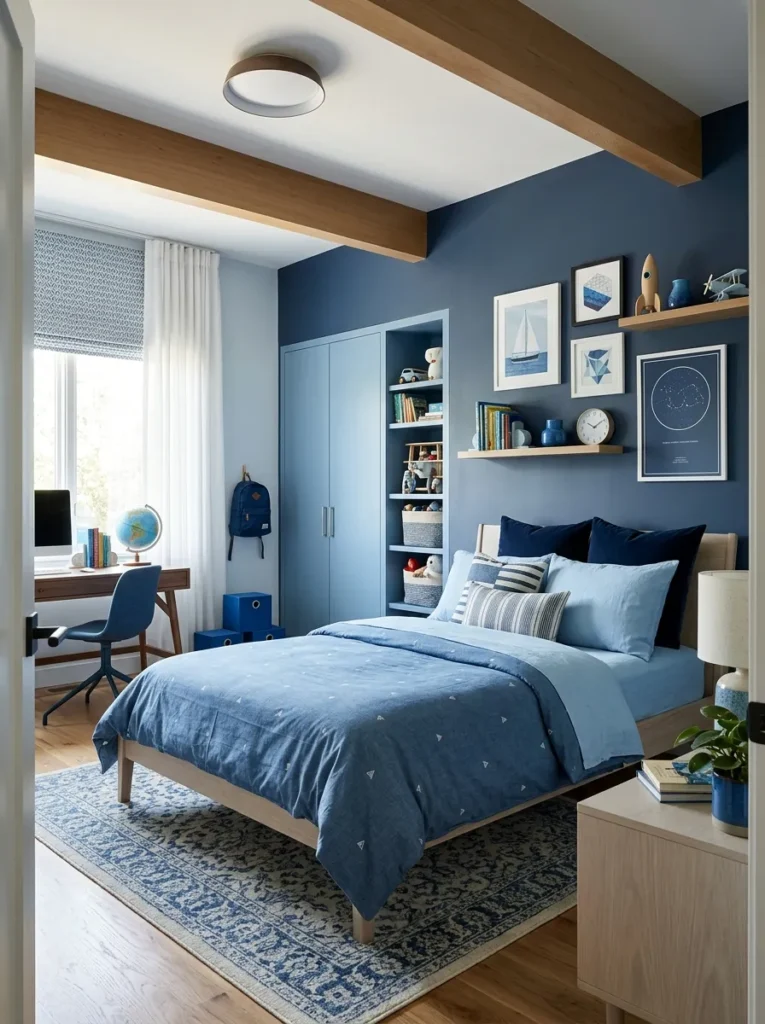 Boys bedroom with layered shades of blue creating a calm and cohesive monochrome design
