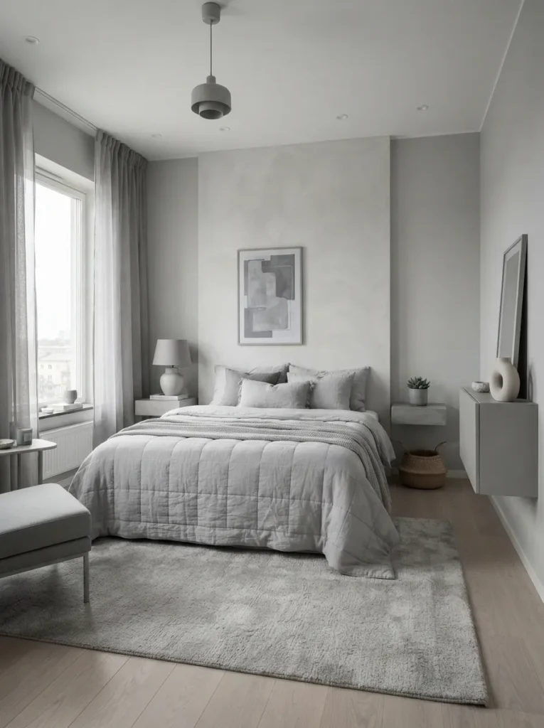 monochrome color palette apartment bedroom decor idea modern