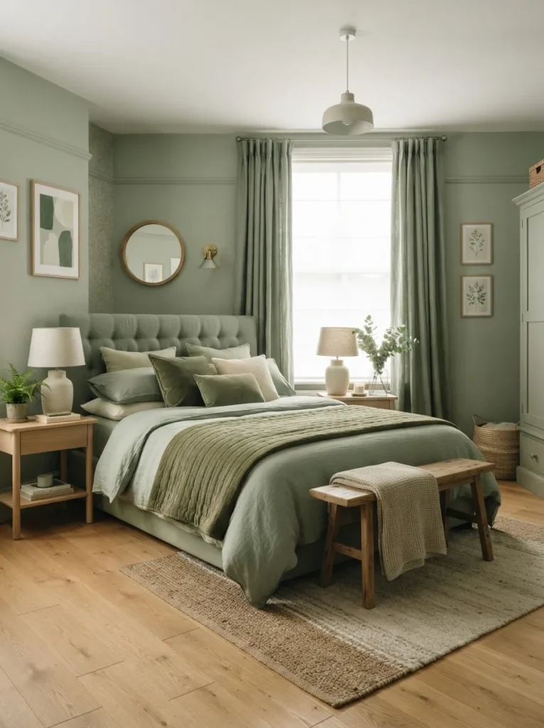 monochrome green palette sage green bedroom idea 2026