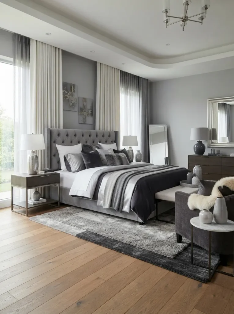 monochrome layering gray and white bedroom idea 2026