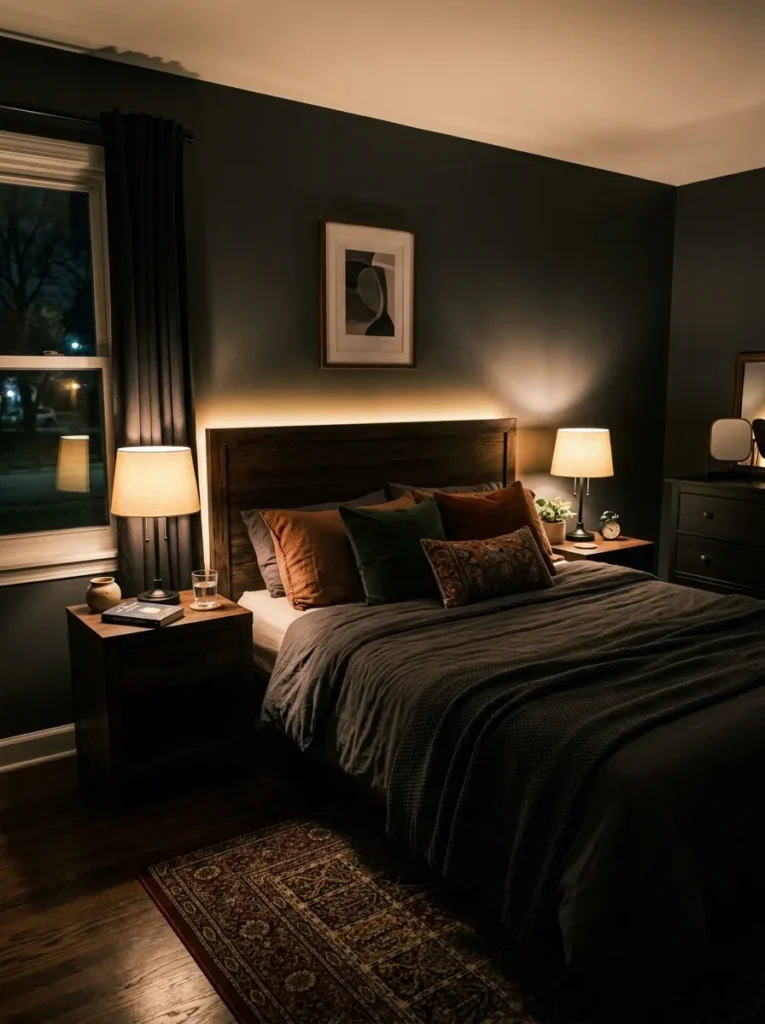 moody ambient lighting dark feminine bedroom idea 2026