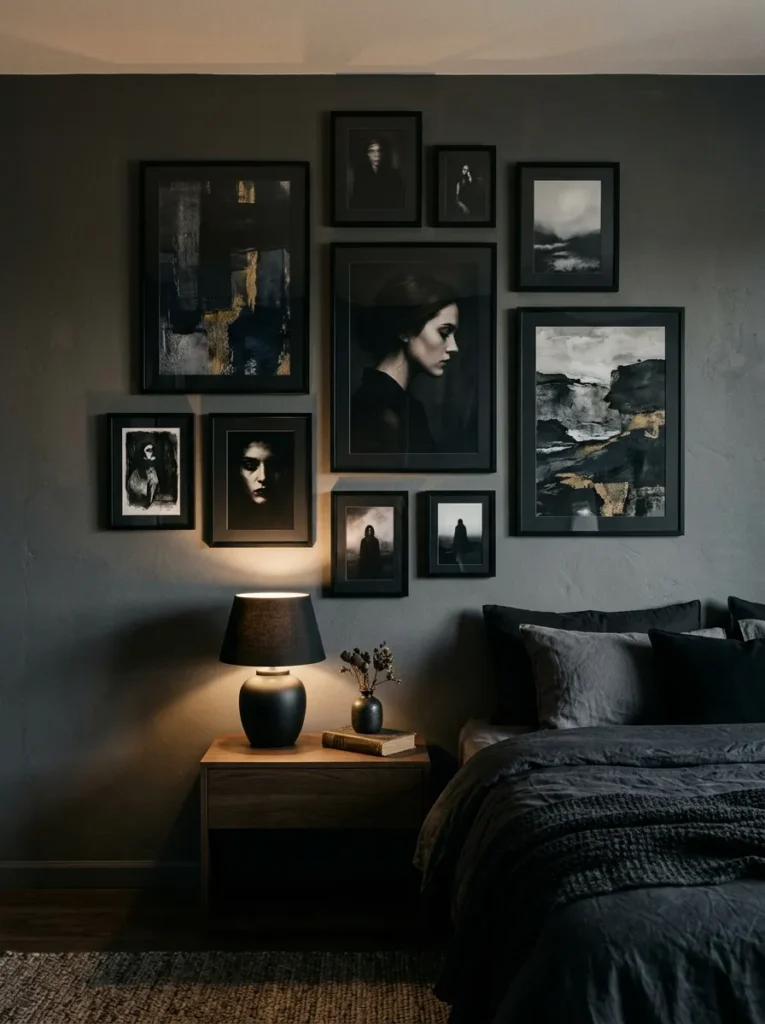 moody art pieces dark feminine bedroom idea modern