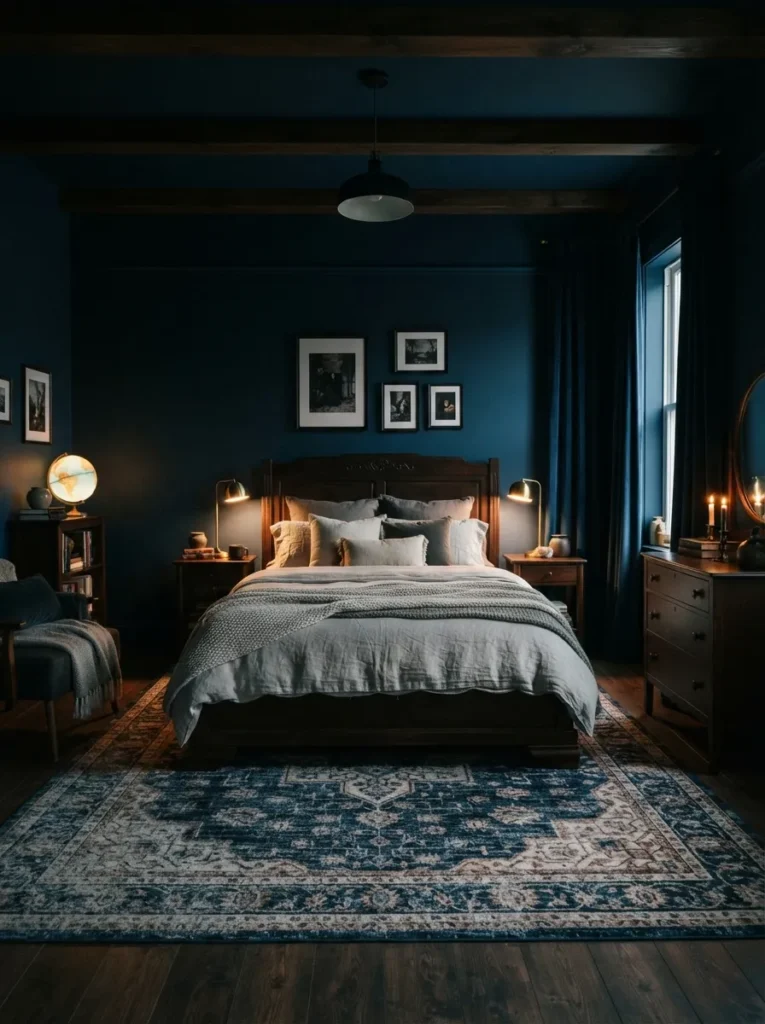 moody blue walls dark blue bedroom idea stylish