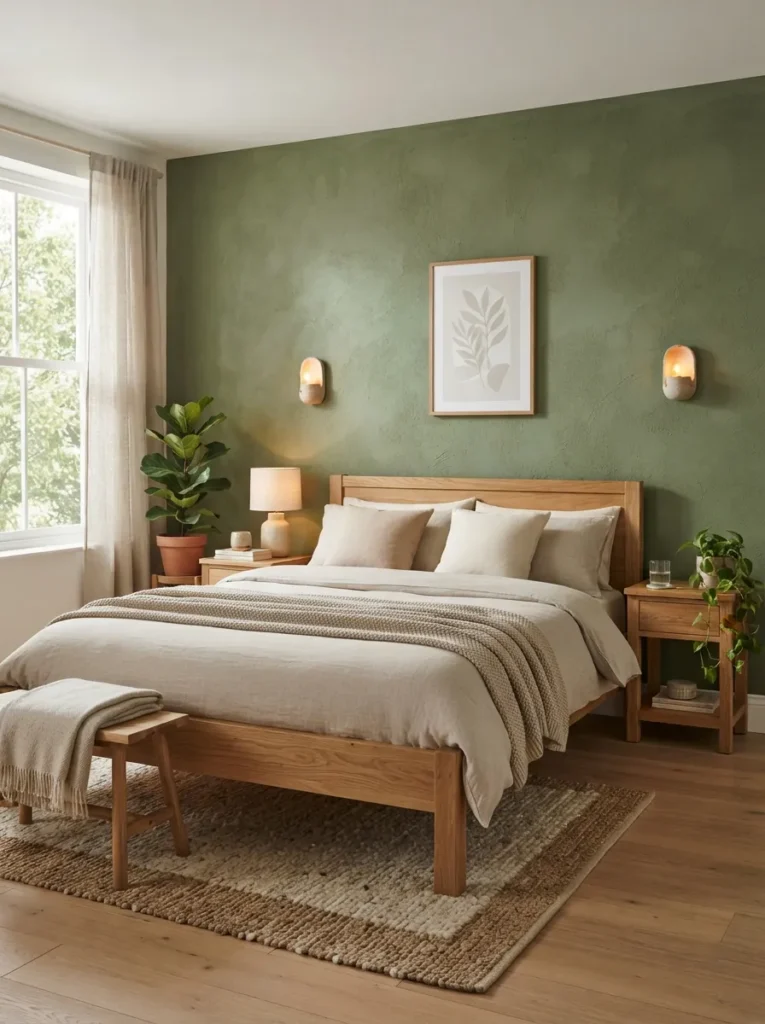 moss accent wall forest bedroom idea modern 2026