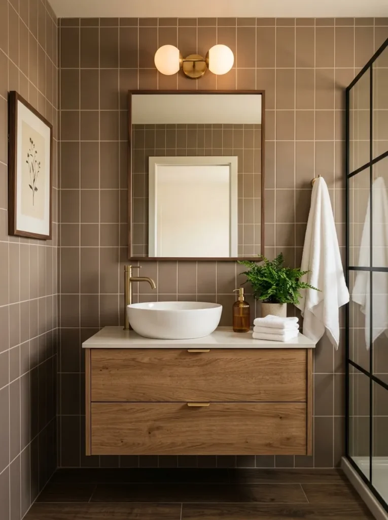 muted brown tiles earth tone bathroom design modern