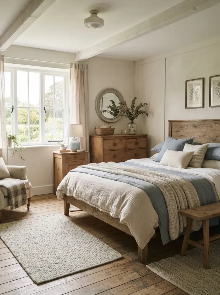 muted color palette vintage farmhouse bedroom idea 2026