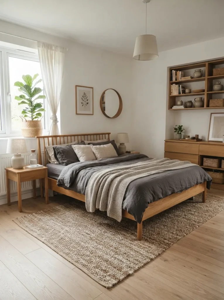 natural wood accents gray and white bedroom idea modern