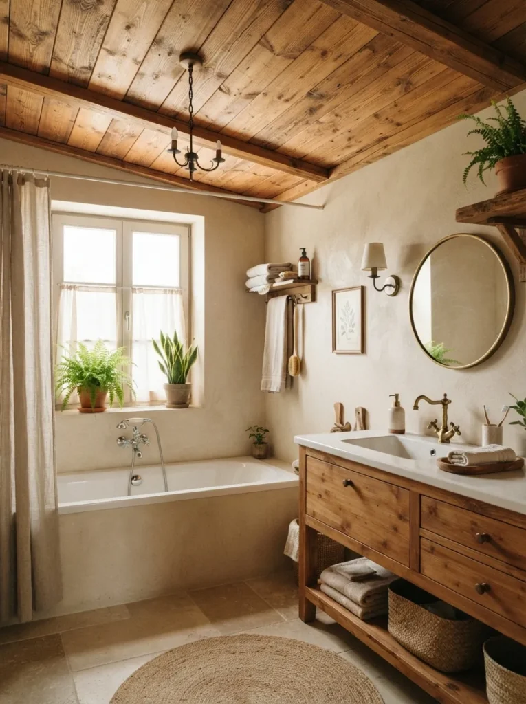 natural wood ceiling warm neutral bathroom idea 2026