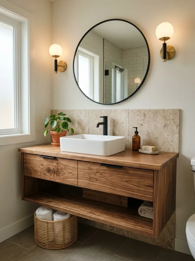 natural wood vanity earth tone bathroom design modern