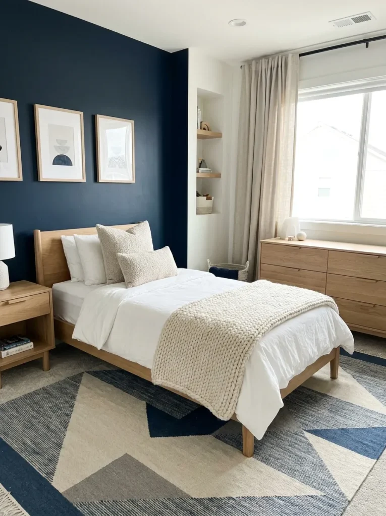 Boys bedroom with navy accent wall, white bedding, wooden furniture and modern cozy decor