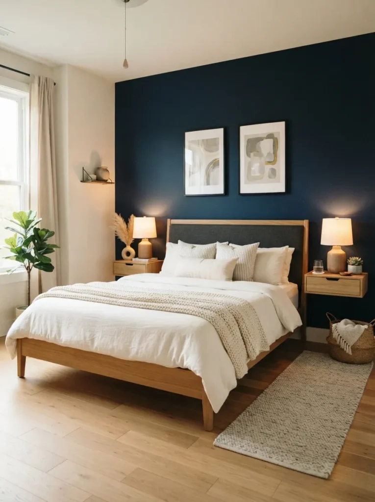 navy accent wall dark blue bedroom idea modern 2026