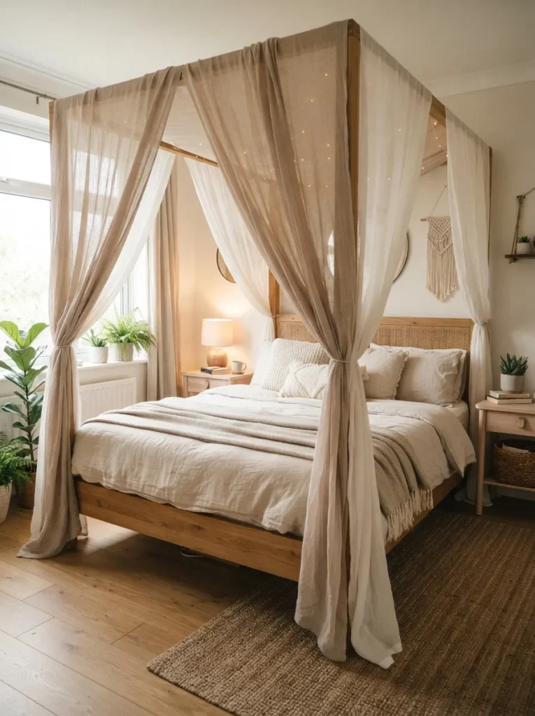 neutral canopy drapes cozy earthy bedroom idea 2026