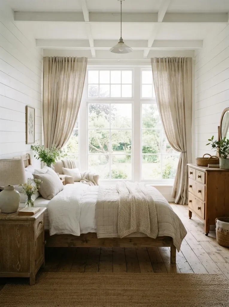 neutral curtain panels vintage farmhouse bedroom idea modern