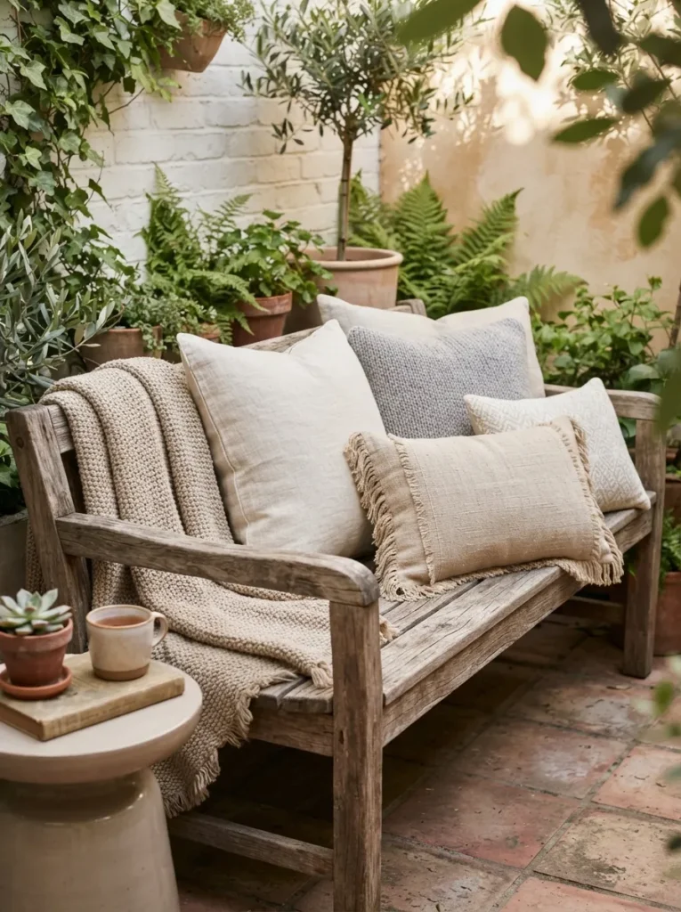 neutral cushion layers small patio decor idea modern