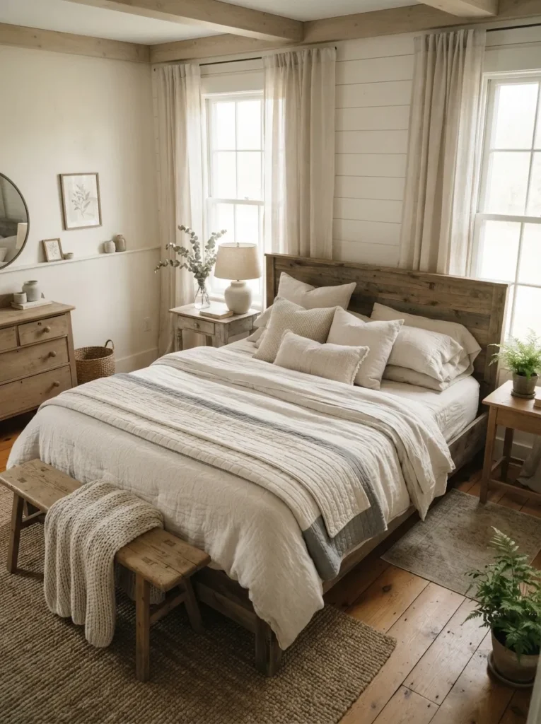 neutral linen layers vintage farmhouse bedroom idea modern
