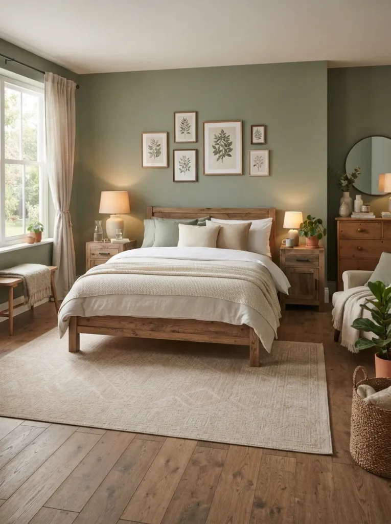 neutral rug balance sage green bedroom idea 2026