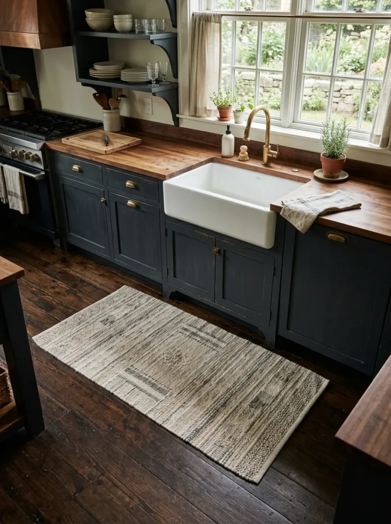 neutral textured rugs moody farmhouse kitchen idea 2026